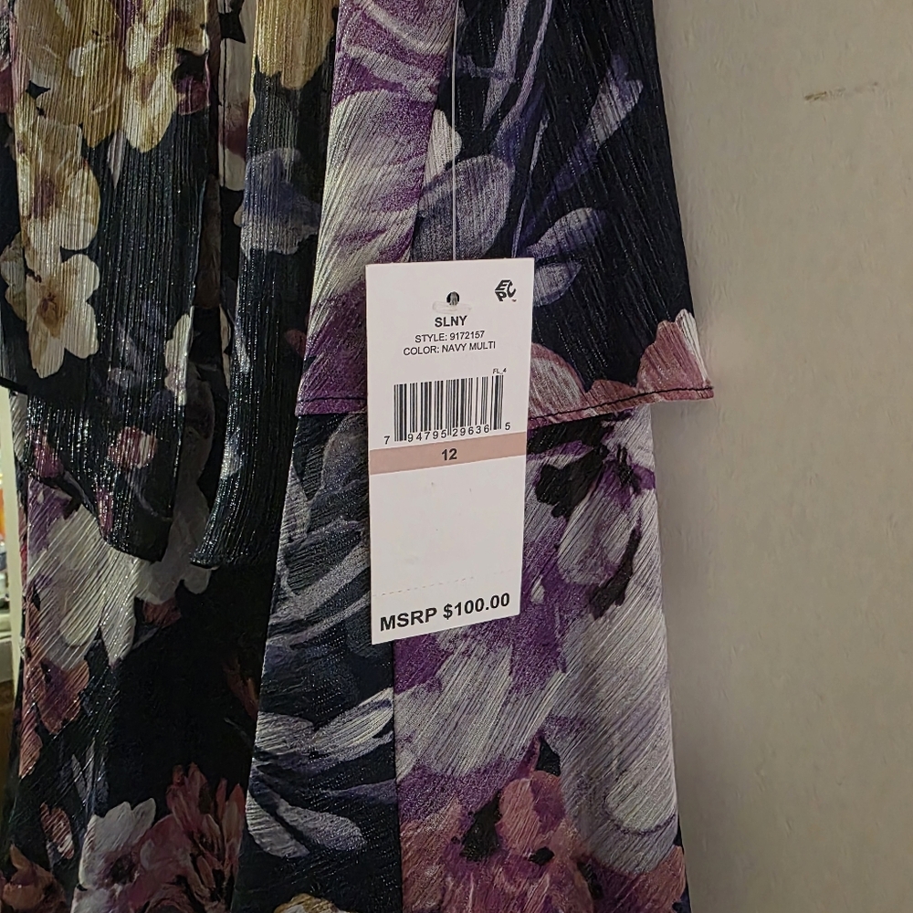 SLNY Navy and Pink Floral Midi Dress NWT - Picture 5 of 6